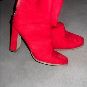 Red Suede Block Heel Ankle Boots - Women's Fashion Booties